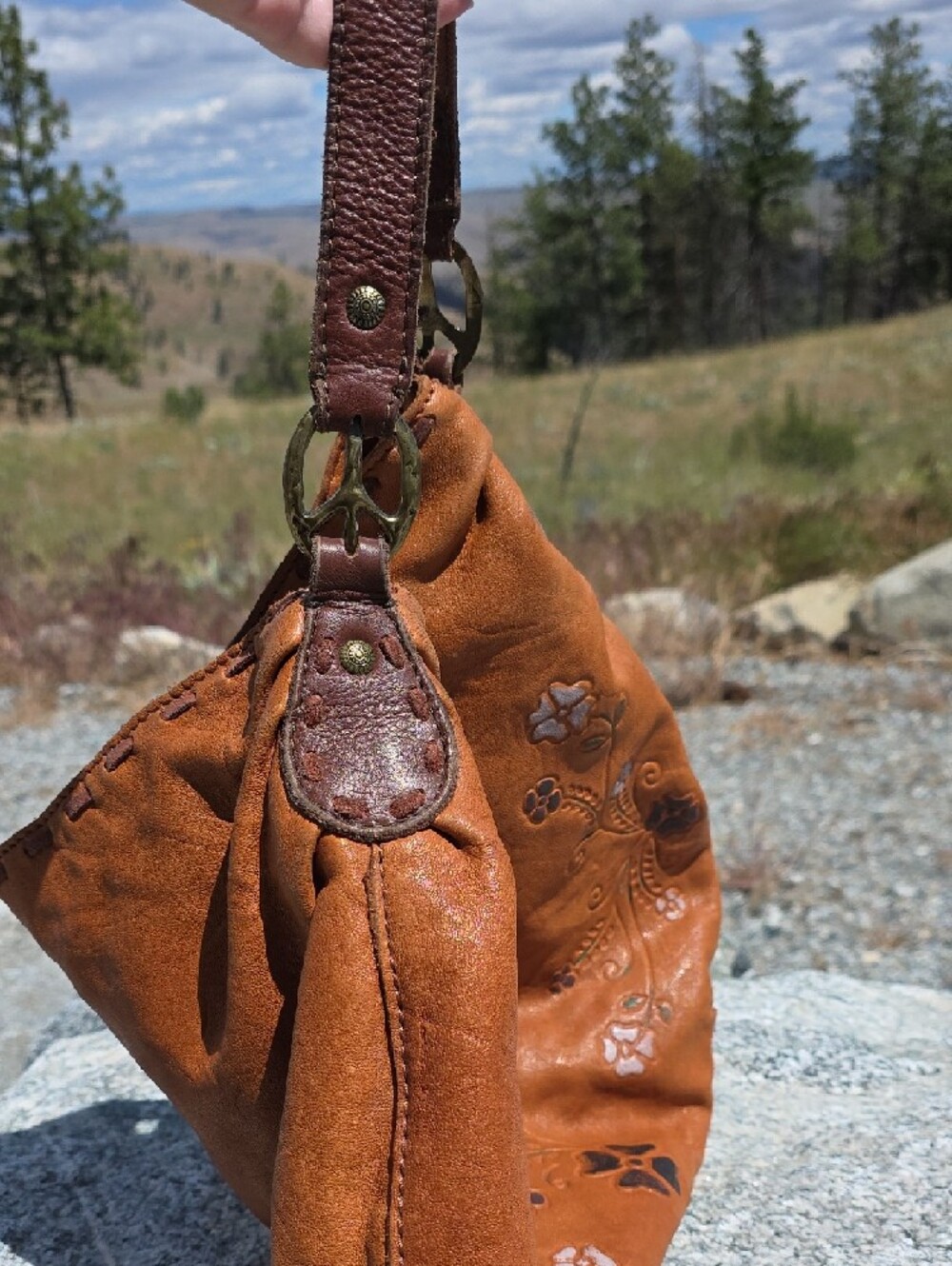 Lucky Brand Burnt Orange/Tan Floral Embossed Leather Hobo - Picture 13 of 15